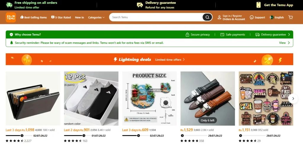 Temu homepage screenshot showing ultra-low-priced product listings, search bar, sale promotions, and shopping categories for testing products rather than trade sourcing.