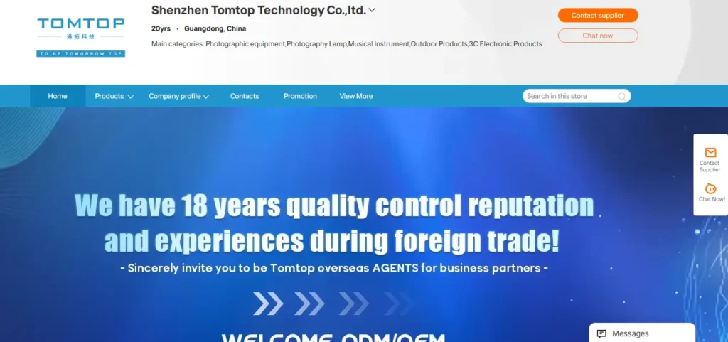 Tomtop supplier homepage screenshot showing consumer electronics, outdoor gear, and trending gadget sourcing with quality control reputation messaging and contact options.