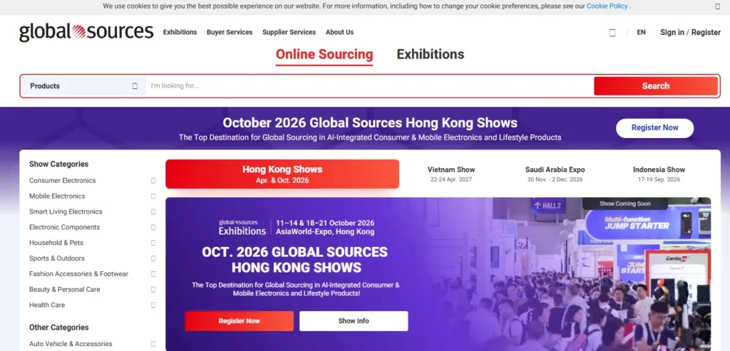 Global Sources homepage screenshot showing online sourcing search, Hong Kong trade show promotion, product categories, exhibition links, and supplier discovery options.