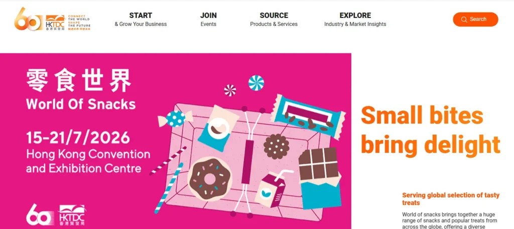 HKTDC homepage screenshot showing a Hong Kong trade development platform with a World of Snacks exhibition banner, search option, and product sourcing navigation.
