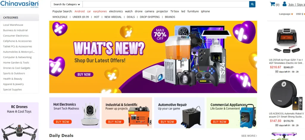 Chinavasion homepage screenshot showing electronics, gadgets, RC drones, industrial products, daily deals, and white-label technology sourcing options.