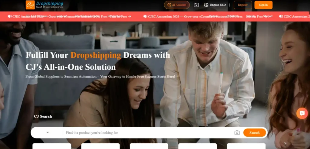 CJ Dropshipping homepage screenshot showing an all-in-one sourcing, warehousing, and fulfillment platform with a product search bar and promotional hero banner.