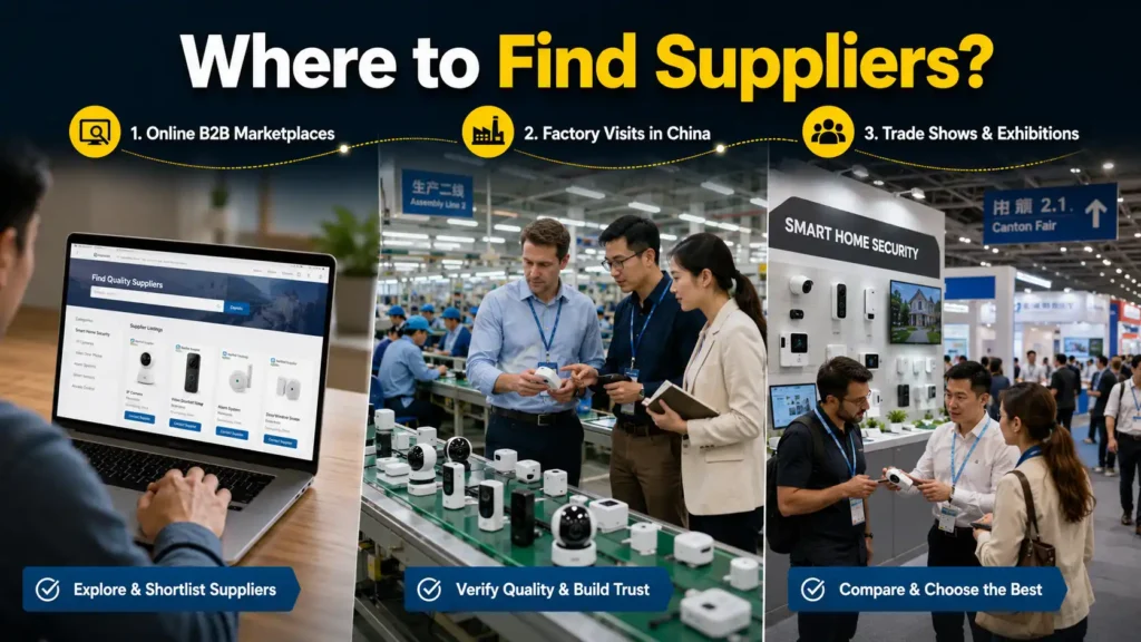 Three-panel graphic showing supplier sourcing methods: online B2B marketplaces, factory visits in China, and trade shows, with buyers comparing products, inspecting quality, and choosing suppliers.