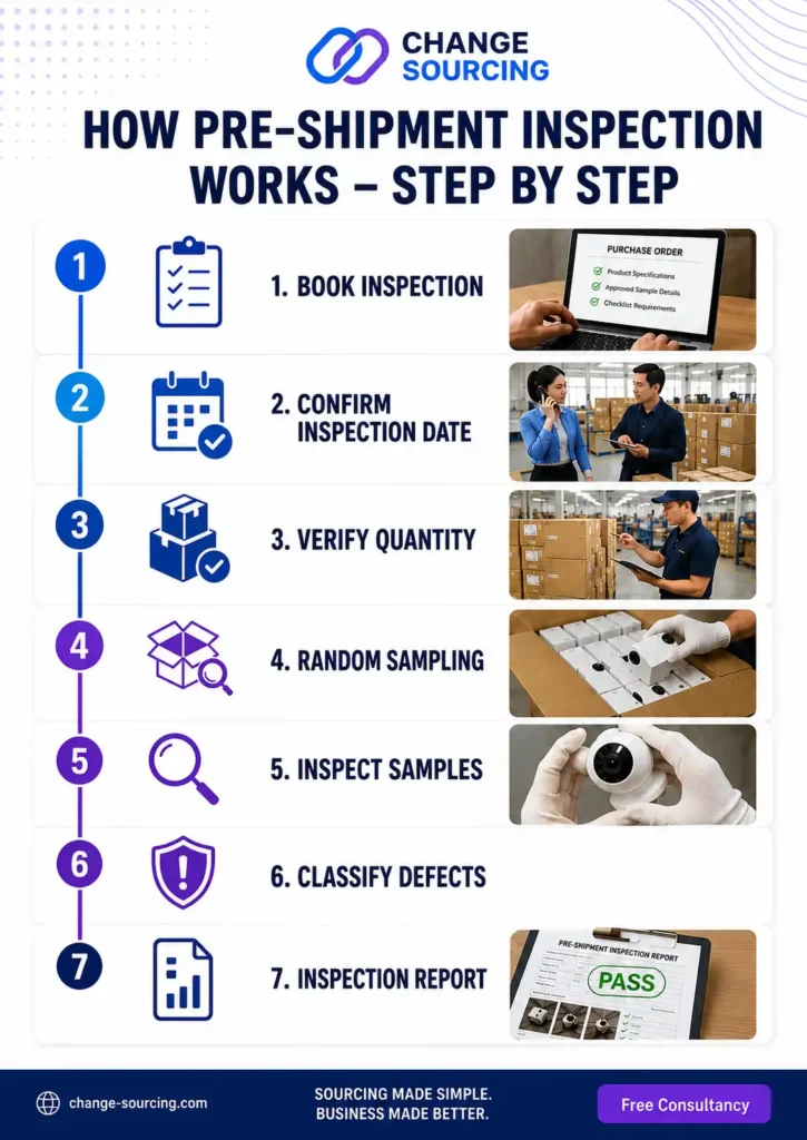 Change Sourcing infographic showing the seven-step pre-shipment inspection process, including booking, date confirmation, quantity verification, random sampling, sample inspection, defect classification, and final inspection report.