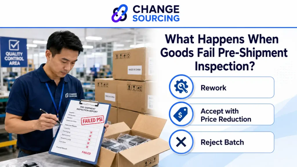 a quality inspector holding a failed pre-shipment inspection report beside cartons, with three options listed: rework, accept with price reduction, or reject batch.