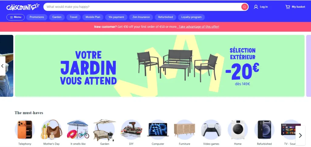 Cdiscount homepage screenshot showing French marketplace search, category navigation, garden furniture promotion, and product category icons for sellers targeting French consumers.