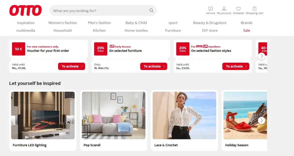 OTTO homepage screenshot showing Germany’s online marketplace with search bar, category navigation, discount vouchers, and product inspiration tiles for furniture, fashion, and seasonal shopping.
