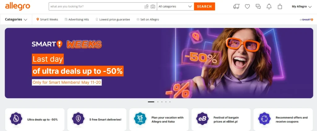 Allegro homepage screenshot showing marketplace search, category navigation, Smart Weeks discount banner, and promotional deal tiles for buyers in Poland and Central Europe.