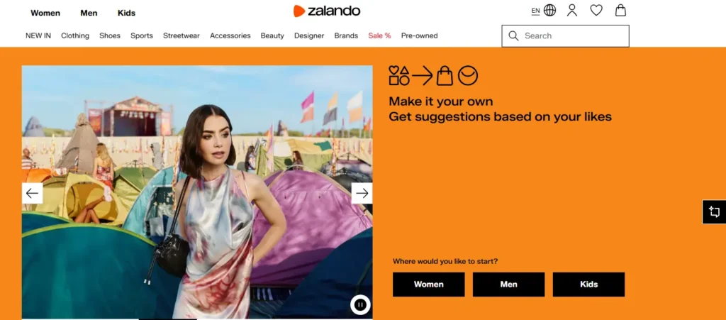 Zalando homepage screenshot showing fashion category navigation, search bar, personalized shopping banner, and women’s, men’s, and kids’ browsing options for European fashion retail.