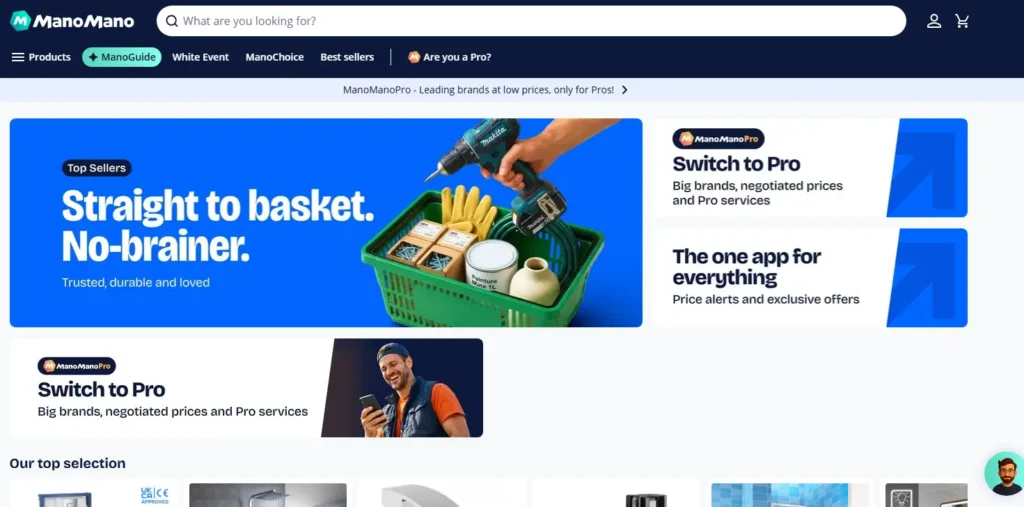 ManoMano homepage screenshot showing DIY, tools, and home improvement marketplace navigation, search bar, promotional banners, and pro service options for European buyers.
