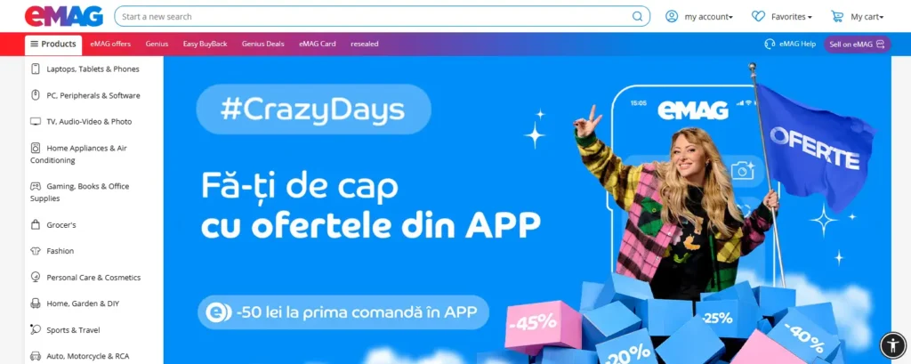 eMAG homepage screenshot showing marketplace search, product category sidebar, #CrazyDays promotional banner, app discount offer, and account, favorites, and cart navigation for Eastern European shoppers.