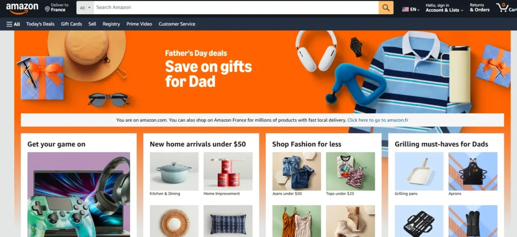 Amazon Europe homepage screenshot showing product search, Father’s Day promotional banner, category tiles, and retail marketplace sections for sellers entering European markets.