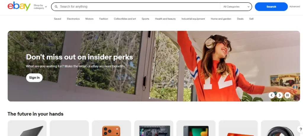 eBay Europe homepage screenshot showing product search, category navigation, promotional banner, and marketplace sections for sellers comparing European ecommerce platforms.