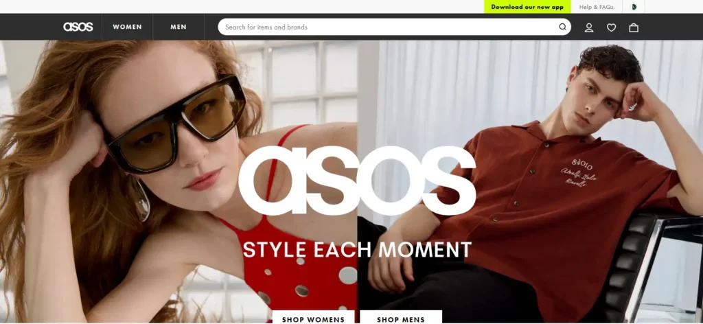 ASOS homepage screenshot showing UK and Europe fashion marketplace navigation, search bar, women’s and men’s fashion hero banner, and shopping options for independent style brands.