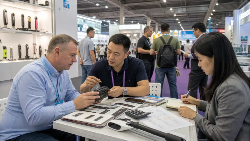 Buyer negotiating with a Chinese supplier at a Canton Fair booth 