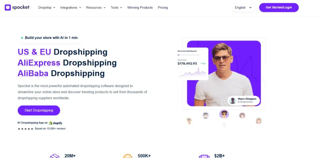 Spocket homepage screenshot showing curated US and EU dropshipping suppliers, platform integrations, pricing navigation, and a promotional banner comparing faster dropshipping alternatives to AliExpress and Alibaba.