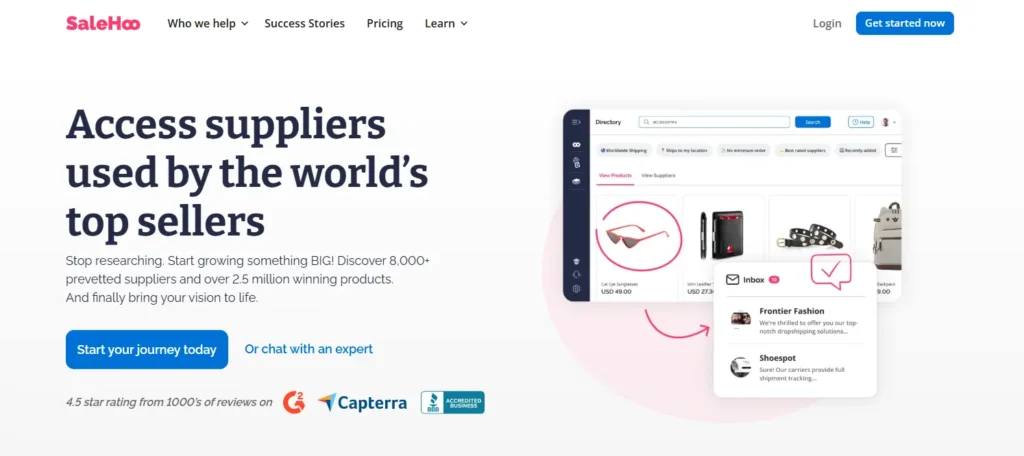 SaleHoo homepage screenshot showing a vetted supplier directory for online sellers, with supplier search tools, product examples, review ratings, and “get started” options.