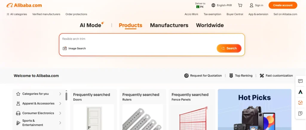 Alibaba homepage screenshot showing wholesale sourcing from China with product search, manufacturer tabs, verified supplier options, order protection, category navigation, and hot product recommendations.