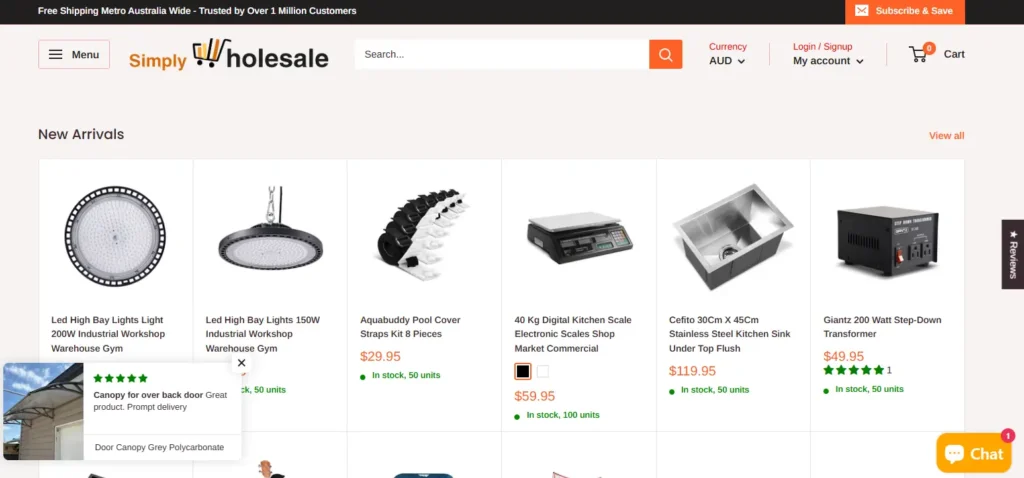 Simply Wholesale homepage screenshot showing budget-friendly general merchandise, product search, new arrivals, customer review popup, cart navigation, and wholesale product listings.