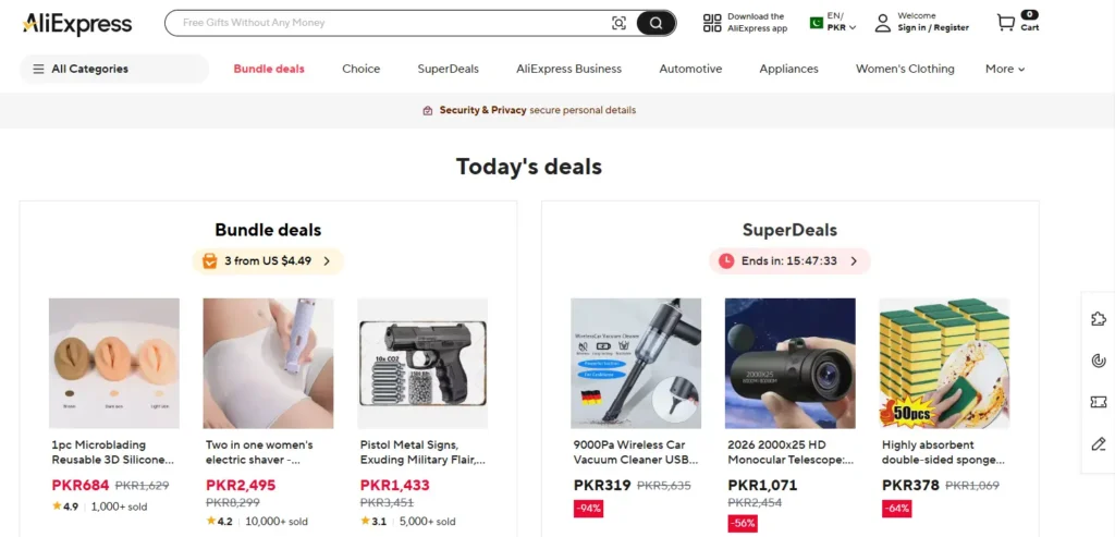 AliExpress homepage screenshot showing daily deals, product search, category navigation, bundle deals, and SuperDeals for testing low-cost products before building a reselling business.