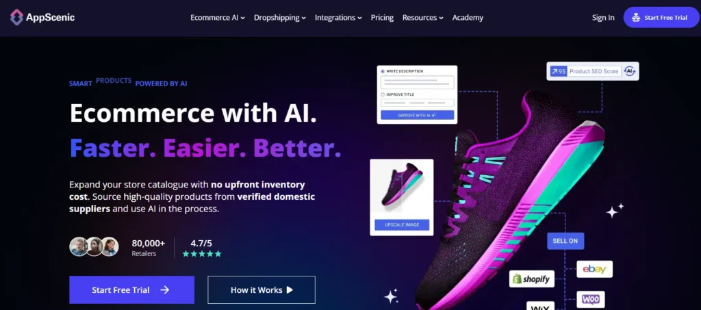 AppScenic homepage screenshot showing automated Australian dropshipping tools, AI-powered product sourcing, verified suppliers, ecommerce integrations, and free trial option.