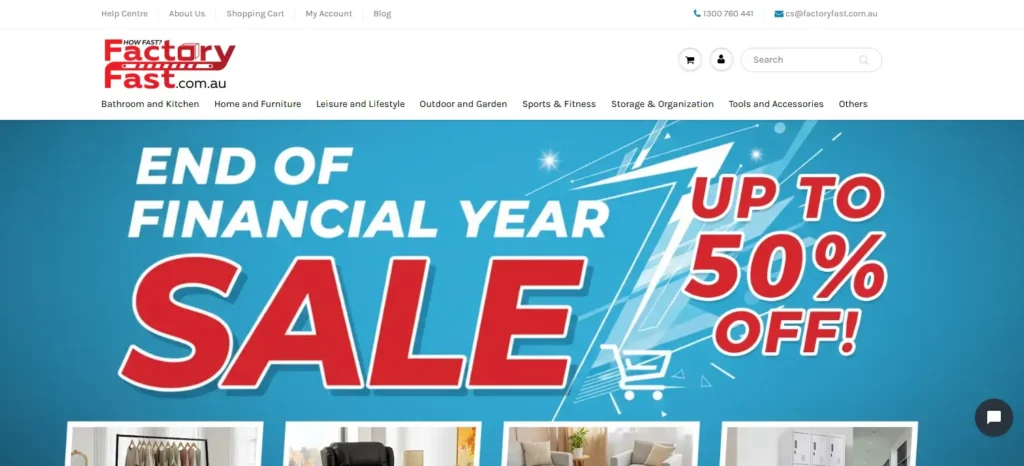 Factory Fast homepage screenshot showing Australian home, garden, outdoor, and DIY product categories, search bar, and end-of-financial-year sale banner.