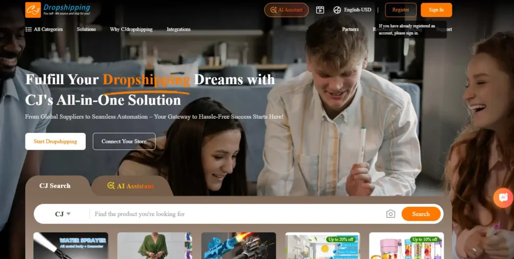 CJ Dropshipping homepage screenshot showing an all-in-one global dropshipping platform with product search, AI assistant, supplier navigation, and promotional hero banner.