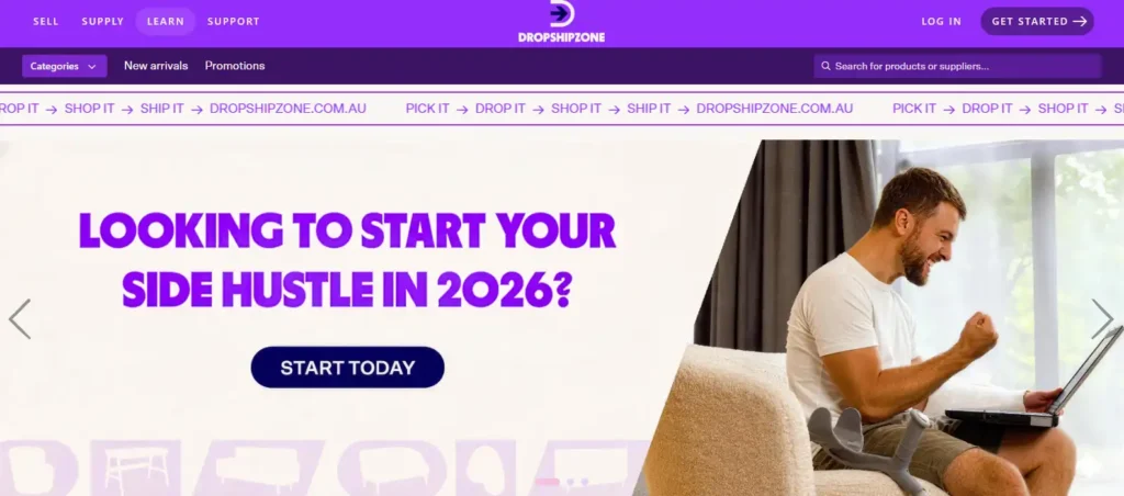 Dropshipzone homepage screenshot showing Australia’s domestic dropshipping platform with product search, supplier navigation, “start your side hustle in 2026” banner, and get started option.