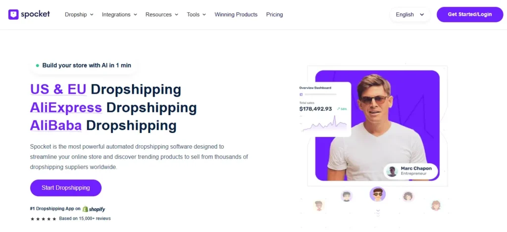 Spocket homepage screenshot showing dropshipping supplier options for Canadian sellers, with US and EU supplier messaging, integrations, pricing navigation, and get started/login button.