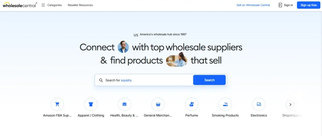 Wholesale Central homepage screenshot showing a free wholesale supplier directory with search bar, reseller resources, category icons, sign-in option, and supplier discovery tools.