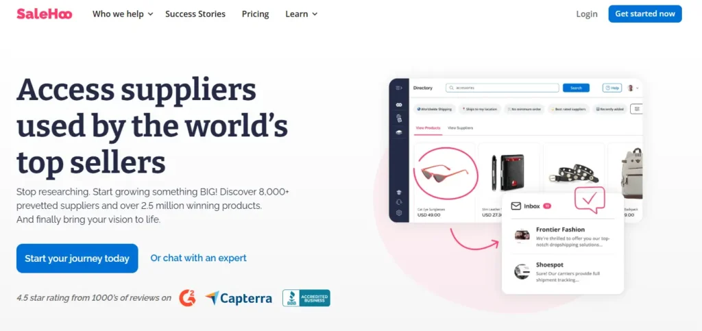 SaleHoo homepage screenshot showing a verified supplier directory for Canadian resellers, with supplier access messaging, product search tools, review ratings, and get started options.
