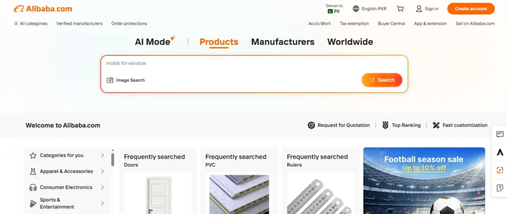 Alibaba homepage screenshot showing wholesale sourcing tools for Canadian buyers, with product search, manufacturer tabs, order protection, category navigation, and product recommendations.