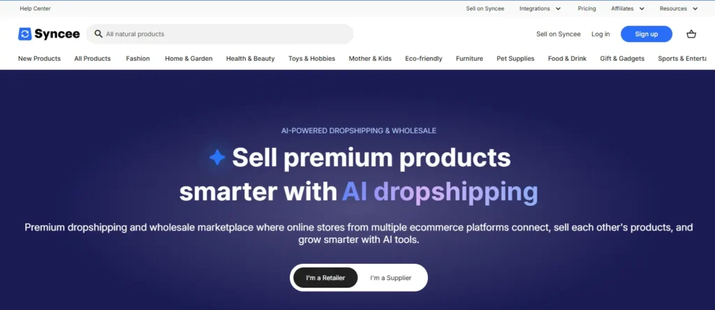 Syncee homepage screenshot showing an AI-powered dropshipping and wholesale marketplace with product search, category navigation, sign-up option, and retailer or supplier selection buttons.