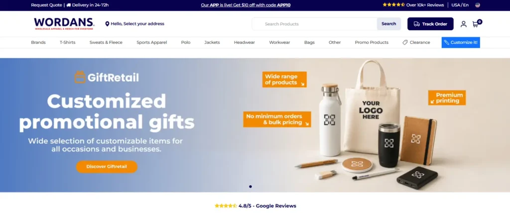 Wordans homepage screenshot showing a Canadian wholesale clothing and promotional products supplier, with product search, category navigation, track order option, and customized gifts banner.