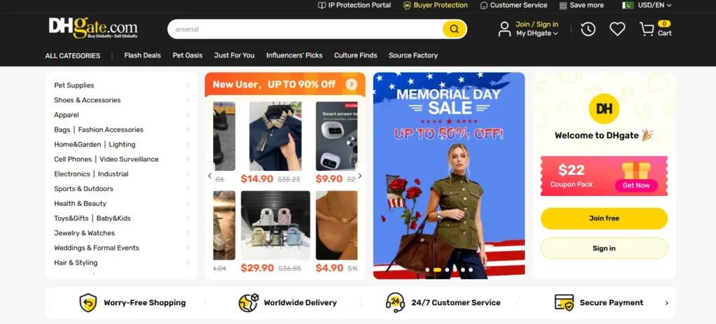 DHgate homepage screenshot showing low-MOQ wholesale sourcing for Canadian resellers, with product categories, search bar, coupon offers, Memorial Day sale banner, buyer protection, worldwide delivery, and secure payment options.