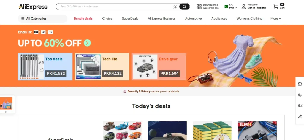 AliExpress homepage screenshot showing product validation options for resellers, with search bar, category navigation, sale banner, daily deals, and low-cost product listings.