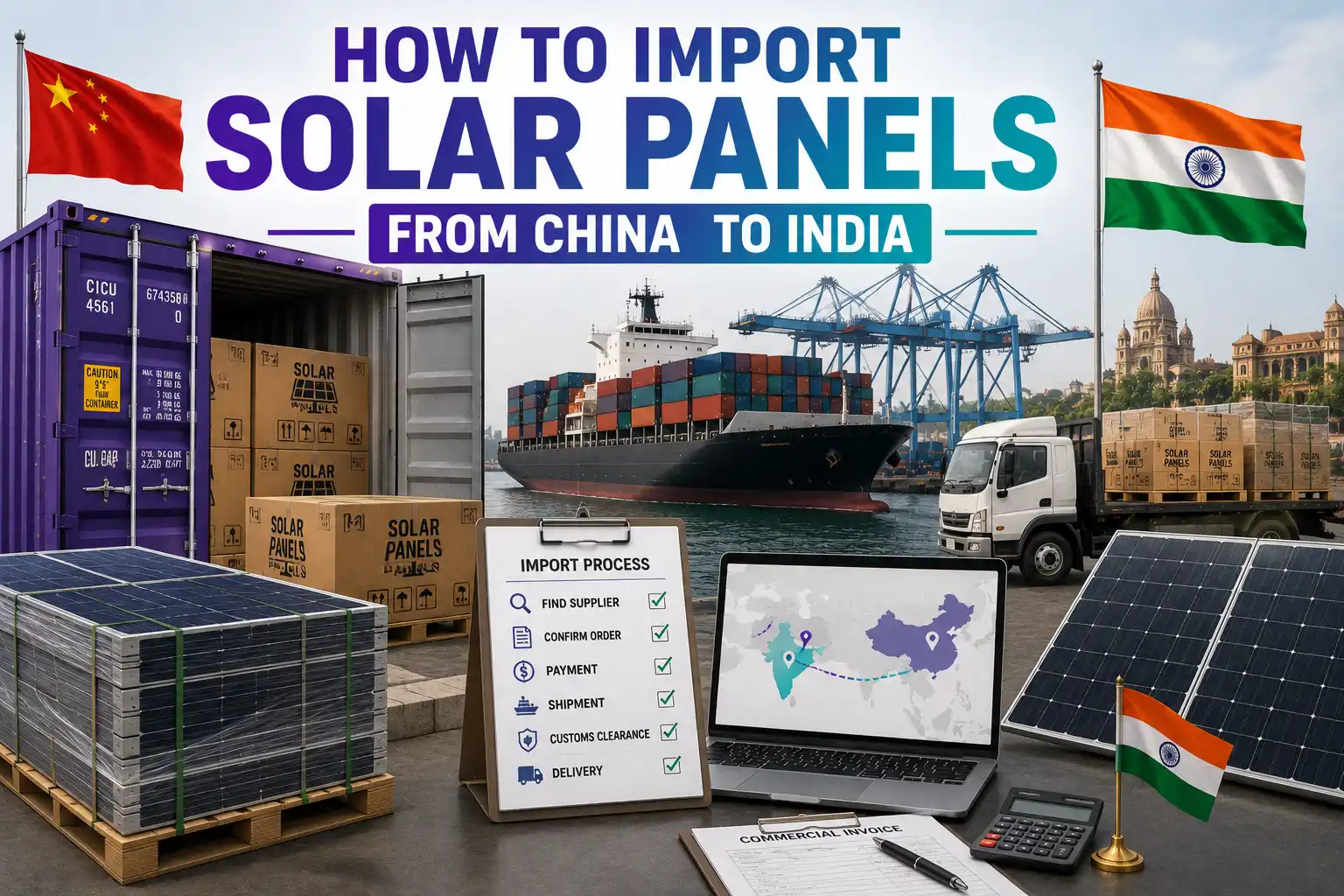 graphic image showing how to import solar panels from china to india