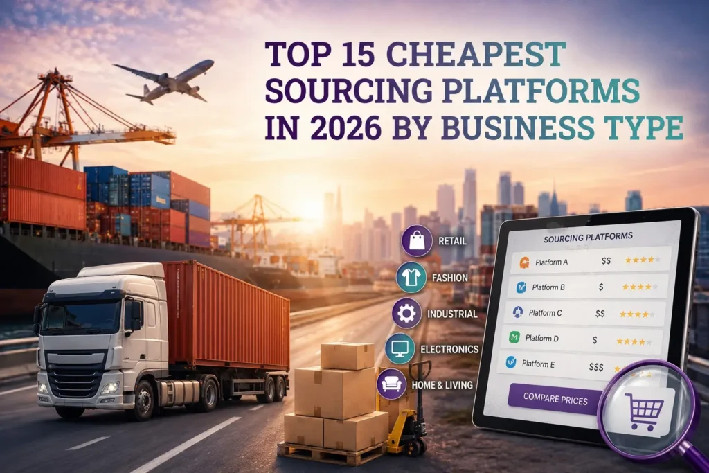 graphic image showing Top 15 Cheapest Sourcing Platforms in 2026 by Business Type