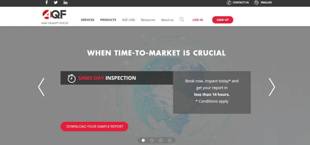 Asia Quality Focus homepage screenshot showing Western-managed quality control services for international buyers, with same-day inspection messaging, sample report download button, service navigation, and sign-up options.