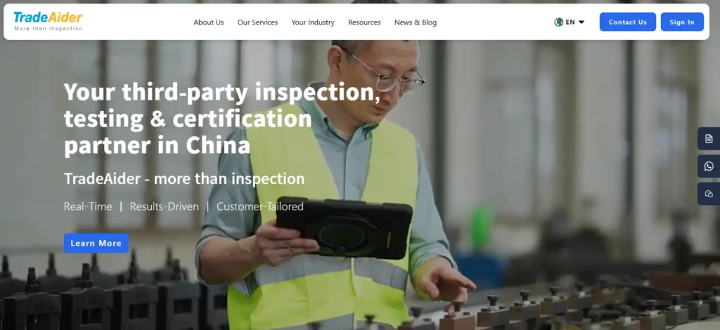 TradeAider homepage screenshot showing third-party inspection, testing, and certification services in China, with a factory worker using a tablet, service navigation, sign-in button, and contact options.