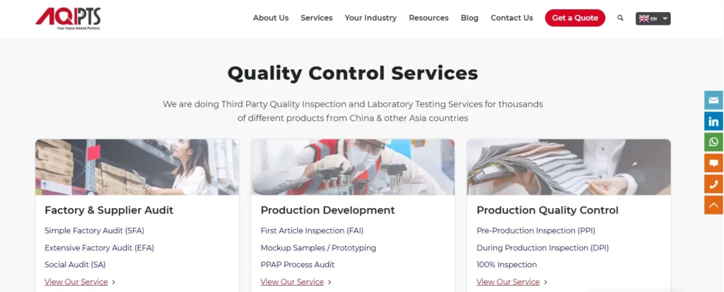 AQI Service homepage screenshot showing quality control services for cross-border ecommerce sellers, including factory and supplier audits, production development, and production quality control options.
