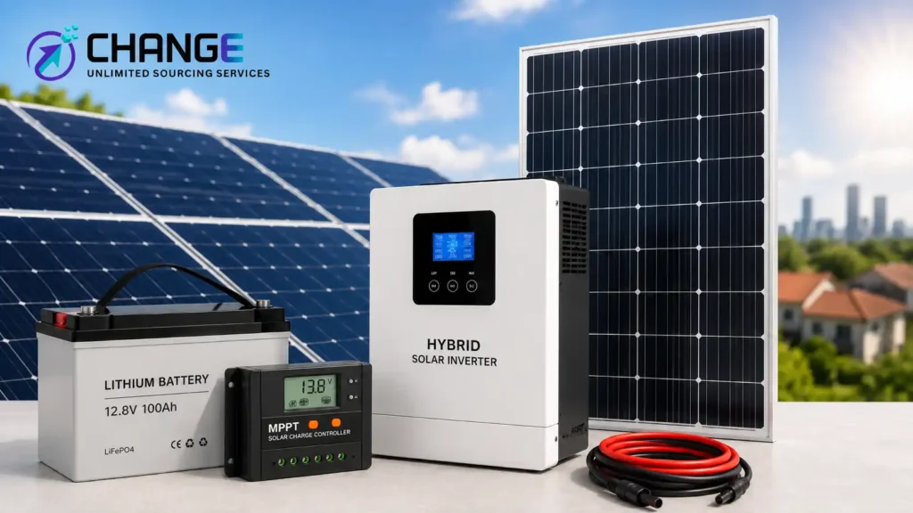 Change Sourcing branded image showing solar panels, a lithium battery, MPPT charge controller, hybrid solar inverter, and cables for importing solar energy products from China to Kenya.