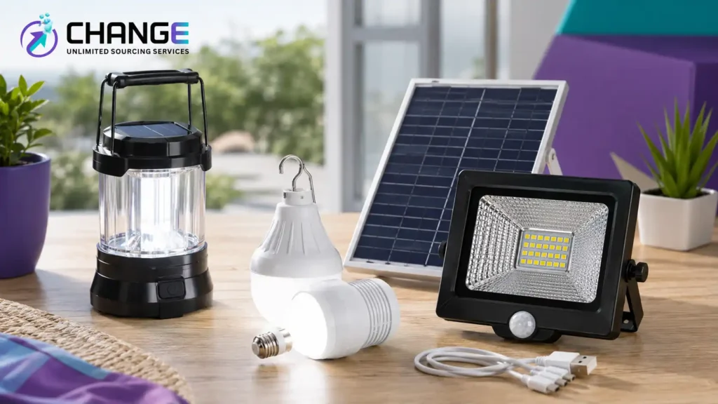 Change Sourcing branded image showing rechargeable LED lighting products, including a solar lantern, hanging bulb, solar panel, floodlight, and charging cable for importing from China to Kenya.