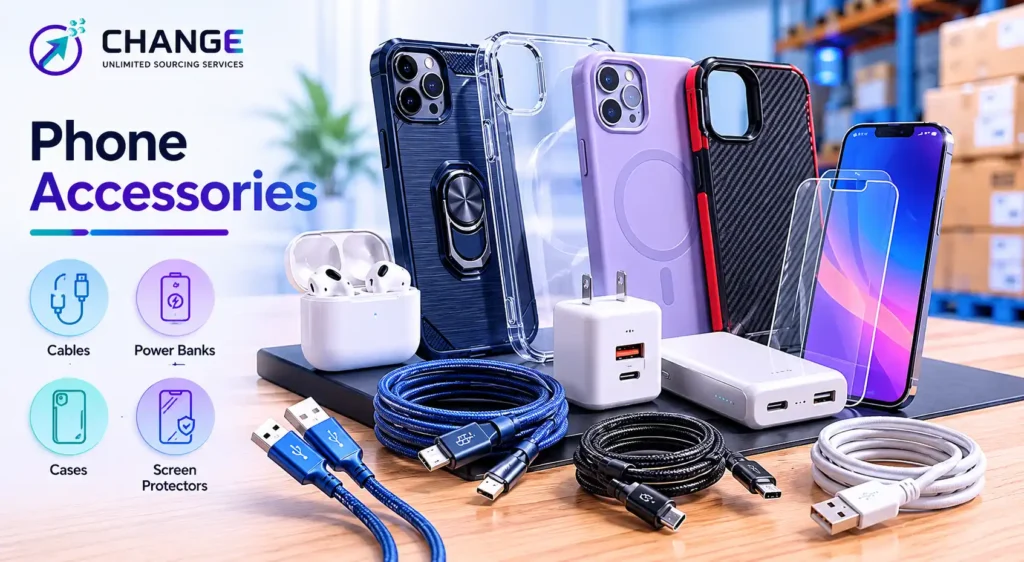 Change Sourcing branded image showing phone accessories for import, including phone cases, charging cables, earbuds, screen protectors, power banks, and wall chargers displayed on a table.