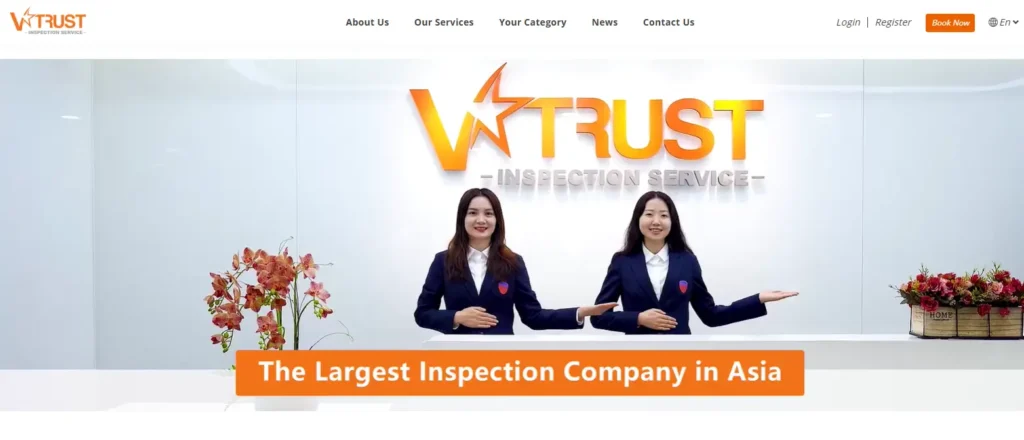 V-Trust homepage screenshot showing an Asia-based inspection service company, with service navigation, login/register options, booking button, and a hero banner stating “The Largest Inspection Company in Asia.”