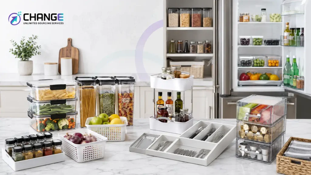 Change Sourcing branded image showing kitchen organizers and home storage products, including pantry containers, spice jars, drawer dividers, baskets, fridge organizers, and clear storage bins in a modern kitchen.