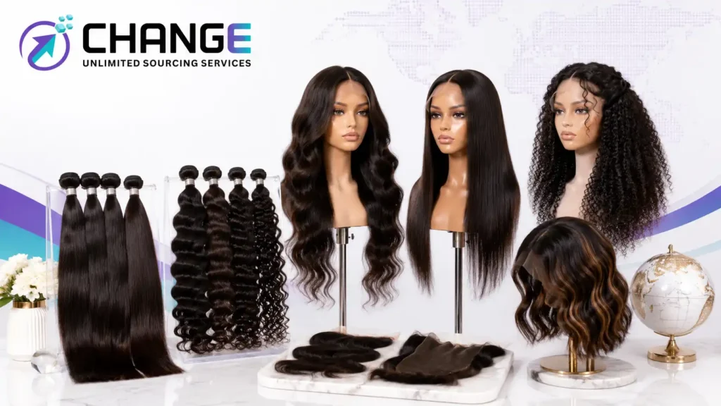 Change Sourcing branded image showing hair extensions and wigs, including straight, wavy, and curly hair bundles, mannequin wig displays, and hairpiece samples for importing beauty products.