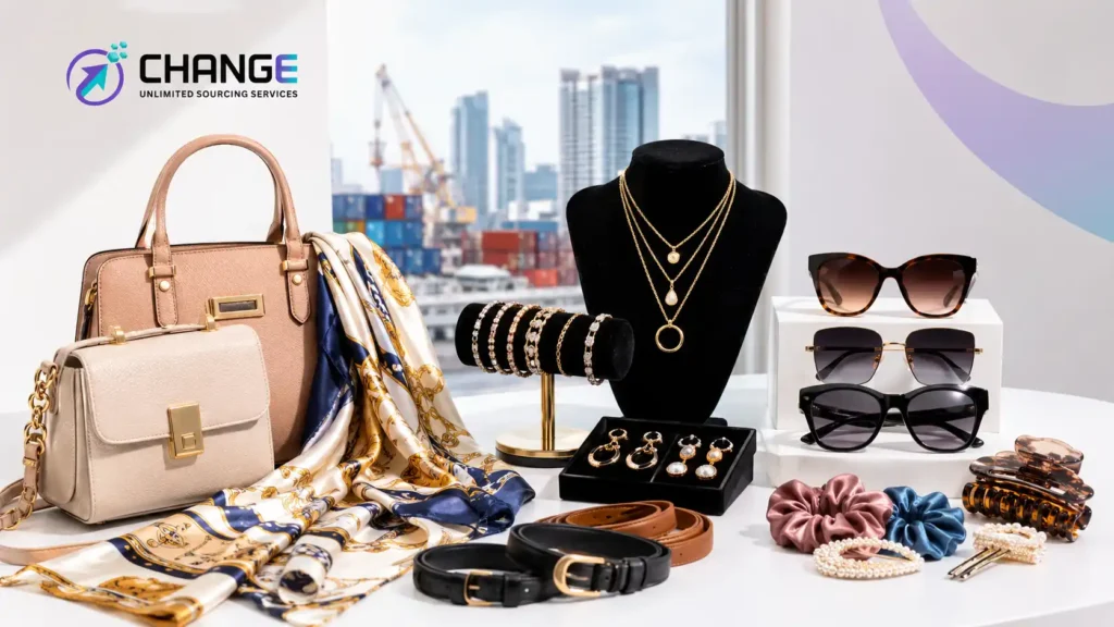 Change Sourcing branded image showing fashion accessories for import, including handbags, scarves, necklaces, sunglasses, bracelets, belts, and jewellery displayed with a shipping port background.