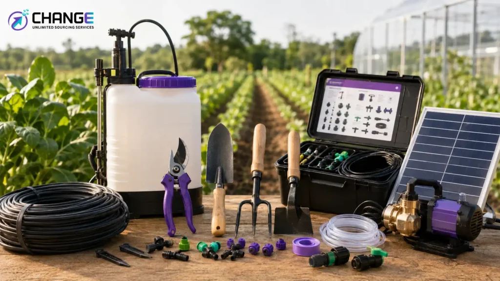 Change Sourcing branded image showing agricultural hand tools and small irrigation equipment, including pruning shears, trowels, sprayer tank, drip irrigation fittings, hose, solar panel, pump, and tool kit displayed on a farm.