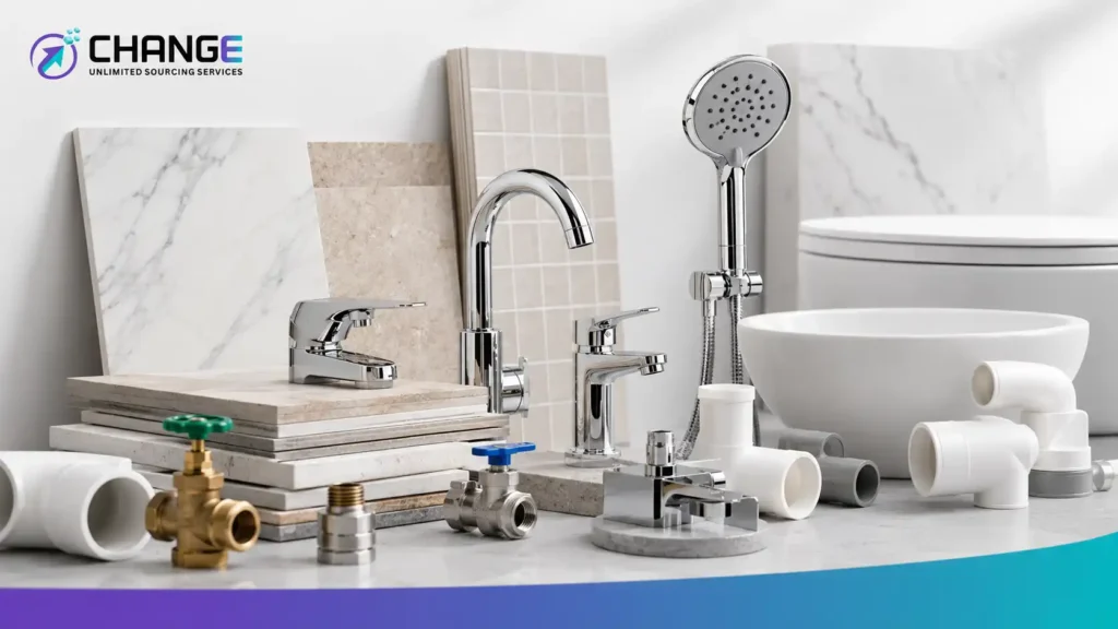 Change Sourcing branded image showing construction fittings, tiles, and sanitary ware, including faucets, shower head, PVC pipe fittings, valves, bathroom tiles, basin, and toilet for import sourcing.